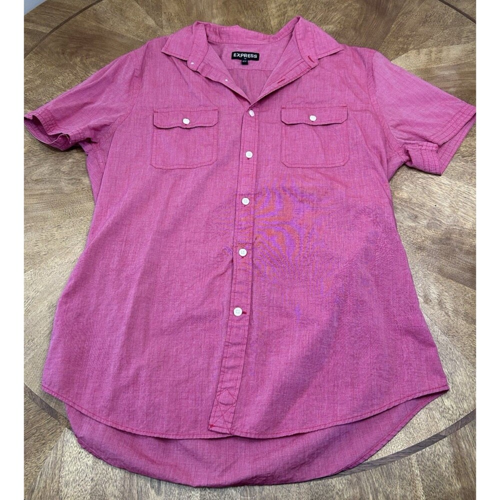 Men's Express Button Down Short Sleeve Pockets Casual Dress Shirt Large RED